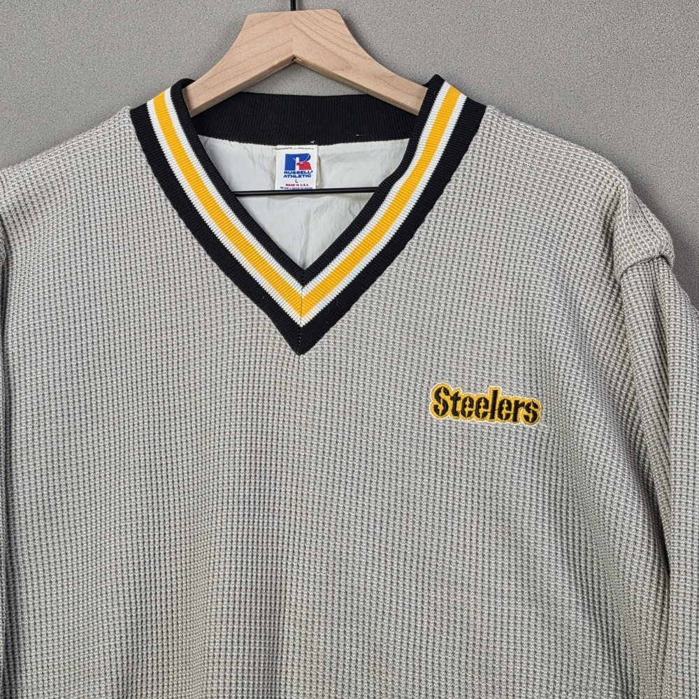 Vintage Russell Athletic Pittsburgh Steelers Pullover Men L Grey Waffle Knit USA